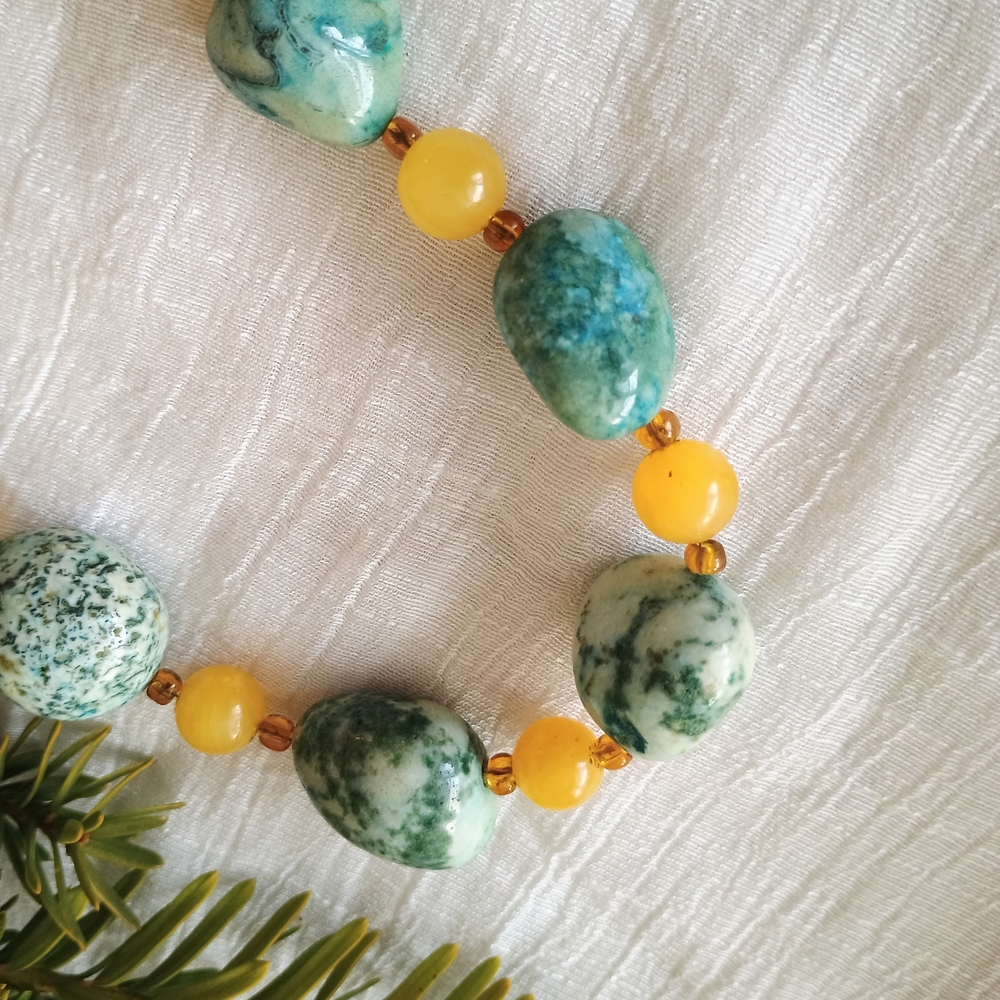Vibrant Turquoise and Yellow Beaded Necklace